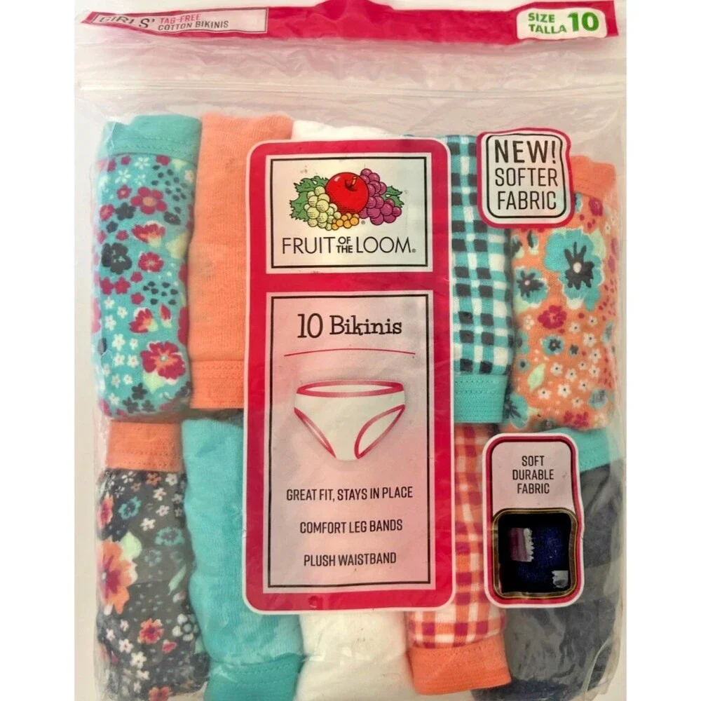 Girls Fruit of the Loom Cotton Bikinis, 10 Pack, Size 10 - Picture 1 of 4